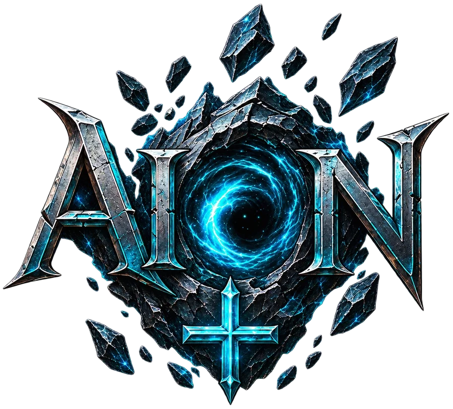 Aion Plus — the word AION set in shattered obsidian around a blue rift